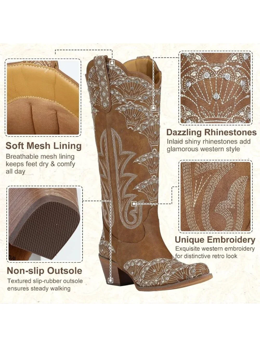 Women's Brown Durable 3D Rhinestone Knee High Sparkly Embroidery Western Boots